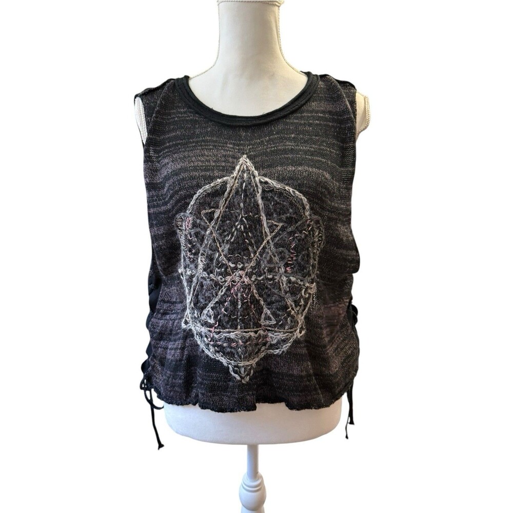 Free People Zodiac Crop Top with Lace Up Sides Embroidered Black Gray Womens M